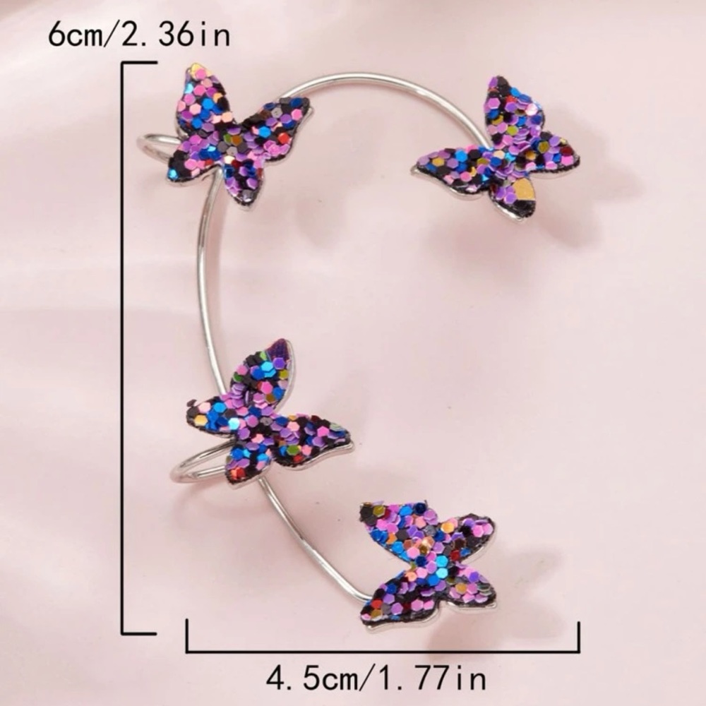 🦋 Awesome Pierce-less Right Ear Colorful Glitter Butterflies Ear Cuff Jacket - Picture 2 of 4